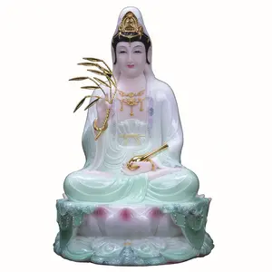 Guanyin Bodhisattva Statue in Marble, Nanhai Avalokiteshvara Sitting Figure, Sacred Home Altar Decor for Worship