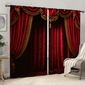 2D Flat 2Pcs Luxury Victorian Theater Curtain Panel, Red Velvet with Gold Trim, Baroque Pattern, Semi Sunshade Rod Pocket Design, for Living Room Bedroom Stage Performance, Elegant Home Decor, Christmas Gift Window Treatment, Home Decoration Curtain