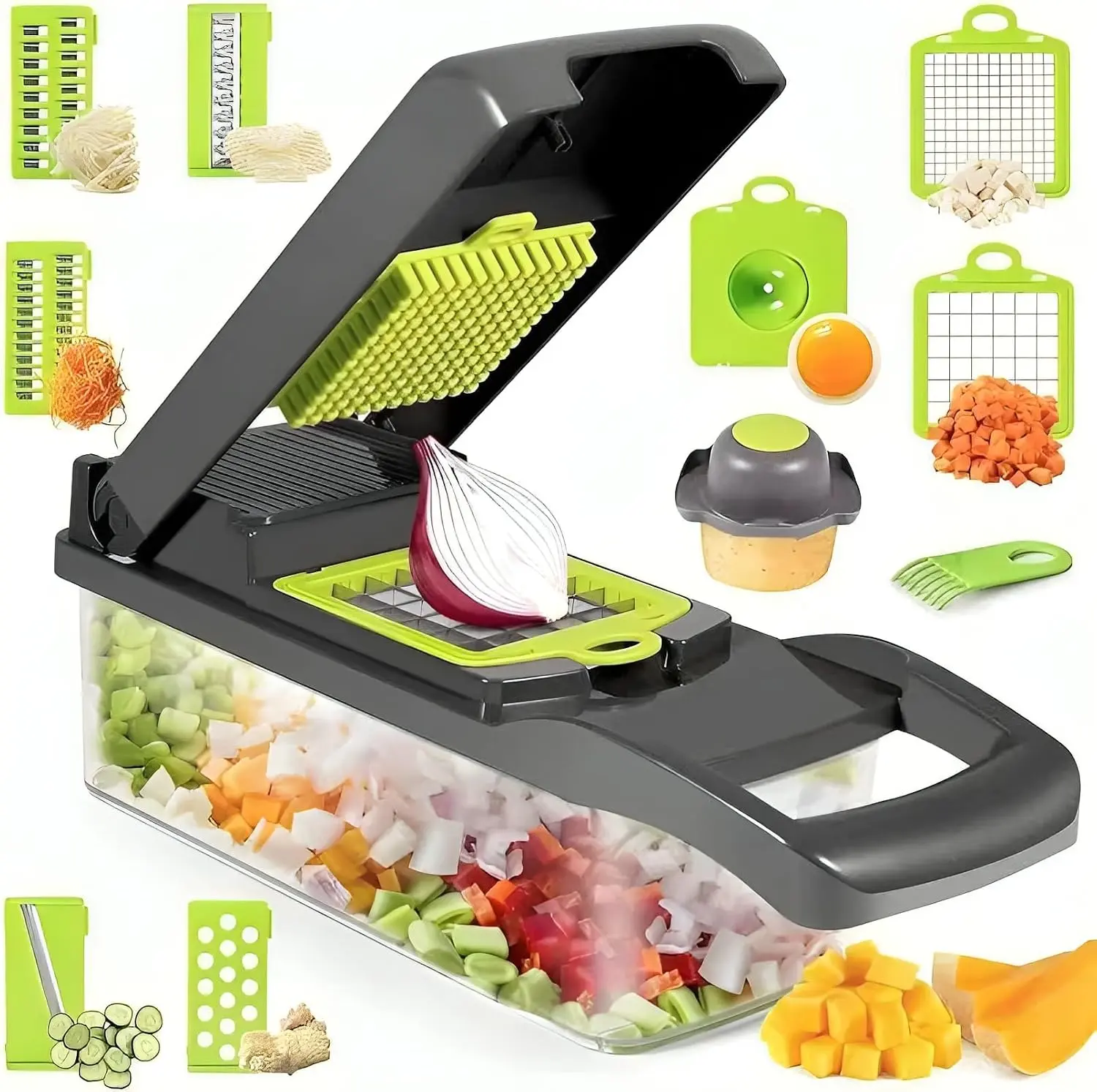 14-in-1 Vegetable Chopper with Container – Veggie Chopper Vegetable Cutter, Onion Dicer, Food Chopper with 8 Blades, Potato Slicer for Salad, Carrot – BPA Free Kitchen Gadget, Dishwasher Safe
