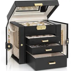 4-Tier  Box Leather  Storage Organizer with 3 Drawers Lockable for Women Girls Ring Necklace Earring Bracelet Holder with Mirror Black
