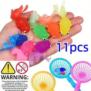 Random Color Floating Fish Toy & Fishing Net Set, 11pcs/set Soft Rubber Fish Toy & Fishing Net, Summer Party Decoration Supplies, Water Float