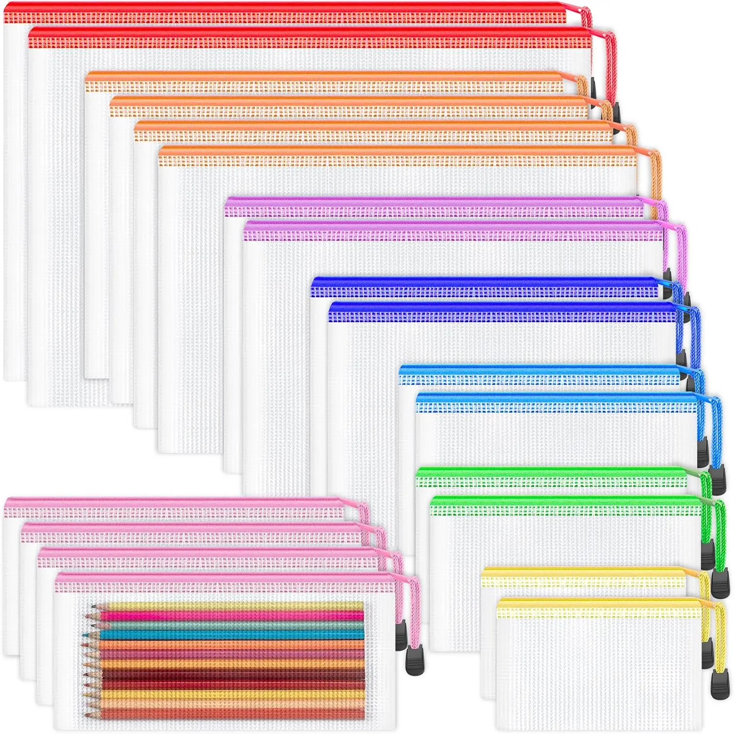 20pcs Mesh Zipper Pouch Bags,8 Sizes 8 Colors Plastic Pencil Pouch | Waterproof Clear Mesh Bags for Office School Supplies,Document Pouch,Travel Storage,reusable ziploc bags,Home Organize
