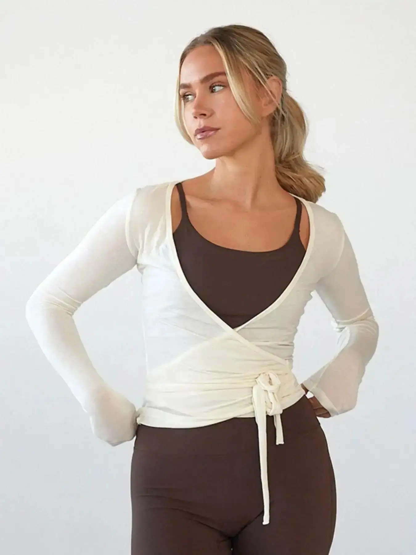 Women's Sophisticated Aesthetic Solid Color Tie-Front Top, Long Sleeve Sheer Mesh Lace Cardigan, Lightweight Spring & Fall Layering Piece, Casual Wear Womenswear Loose Fit, effortless layering, chic everyday