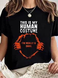 100% cotton This Is My Human Costume I'm Really Snail Halloween Kids T-Shirt Women Graphic T-Shirt Cotton Print short Sleeve Casual Top, Summer Tee Womens Tops