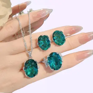 Natural Crystal Paraiiba Lake Water Blue Dove Egg Pendant Necklace Earrings Pink Diamond Ring Gemstone Set Gifts for Women