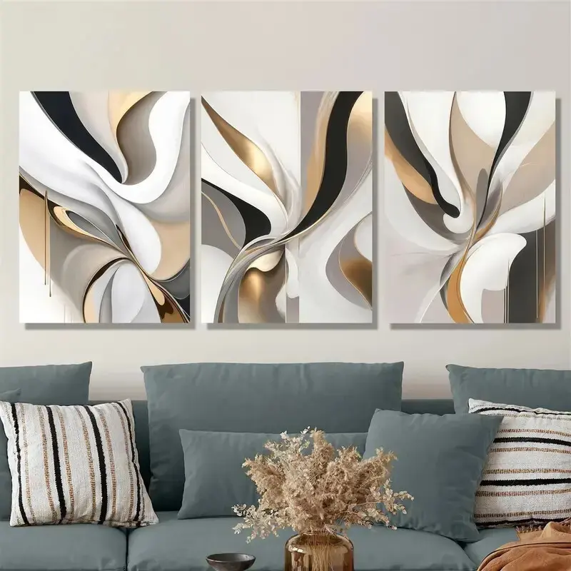 3-Piece Gold and White Swirl Canvas Art Set - Decorative UV-Resistant Non-Toxic Hangable Wall Decor, Multi-Size (8"x12",12"x16") Posters for Living Room, Indoors Home Office Gift