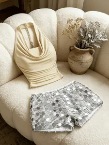 Sexy Halter Neck Sequin Shorts Set, Elegant Plain Design, Fitted Two-Piece, Perfect for Parties and Dates, All-Season Wear