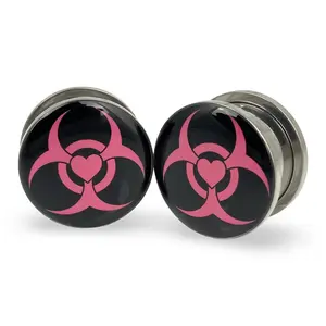 Pink Biohazard with Heart Picture Plugs gauges pair body jewelry