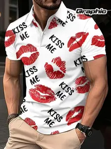 Men's Kiss Me Lip Print Shirt, Lightweight Polyester Button-Up Fitted, with Lip Print, Formal Casual Wear
