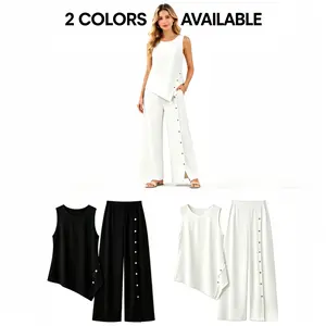 One set or two sets Women 2 Piece Sleeveless Outfit Set, Irregular Hem Tank Top & High Waist Button Wide Leg Pants, Casual Elegant Commuter Matching Suit