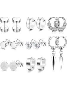 Cool 8 Pairs Silvery Glamorous Earrings Trendy Stainless Steel Barbell Screw Studs Dangle Hoops for Women Men Lobe Studs Shining Cubic Zirconia Stud Hoop Set Earrings Set
