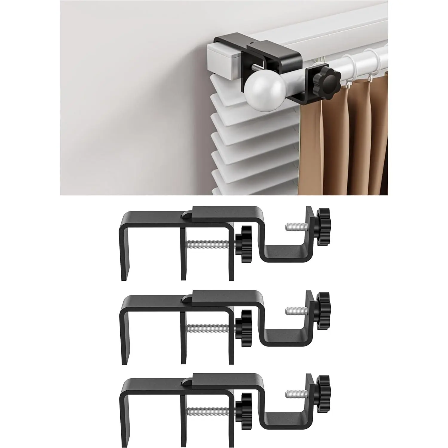 Over-Blinds Curtain Rod Brackets for Outside-Mounted Blinds, Blinds Curtain Rod Brackets for 1.3-2" Rectangular Headrails, Tool-Free No-Drill Installation for Apartments, Rentals Set of 3 (Black)
