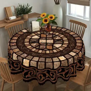 Vintage Stone Mosaic Tablecloth, Brown Beige Plaid Design, Polyester Material, Rectangle Shape, Perfect for Dining Table and Indoor Decoration