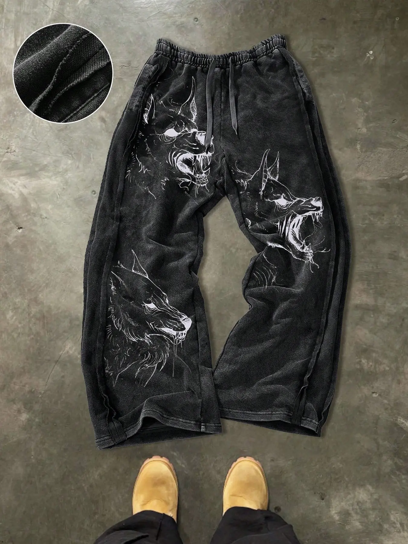 Men's Casual Cotton Sport Pants, Wolf Print, Graphic Print Sweatpants, Ankle Length, Drawstring Waist, Street Style, Ideal for Outdoor, Parties, Holidays, Relaxed Sweatpants, Fashion Sweatpants
