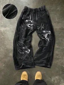 Men's Casual Cotton Sport Pants, Wolf Print, Ankle Length, Drawstring Waist, Street Style, Ideal for Outdoor, Parties, Holidays, Relaxed Sweatpants, Fashion Sweatpants