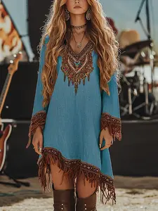 Women's Elegant V-Neck Boho Bohemian Print Fringe Patchwork Long Sleeve Casual Dress, 2026 Fashion, Comfortable and Stylish