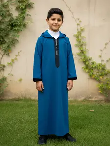 Muslim Boy Blue Hooded Thobe, Modest Kaftan, Elegant Embroidery Design, Long Sleeve with Side Pockets, Comfortable Fashion for Daily Wear, Parties, Special Occasions