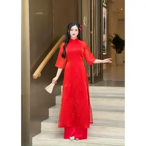 Red Lotus Embroidered Modern Ao Dai Set | Áo Dài Đỏ Thêu Hoa Sen H42