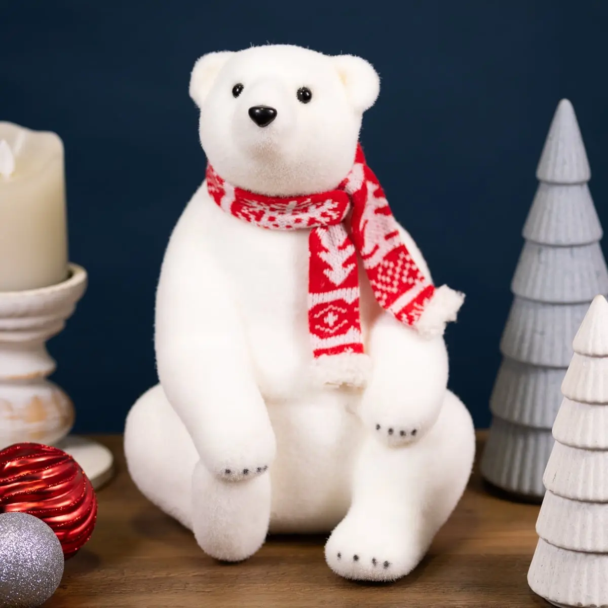 12.25"h x 9.5"w x 9.5"d Cozy Plastic Christmas Ornaments - White & Red Fur Knitted Arctic Animal, 360-Degree Flat Base, Scarf-Accented Sitting Figure, Home Party Festive Tree Decor, Indoors