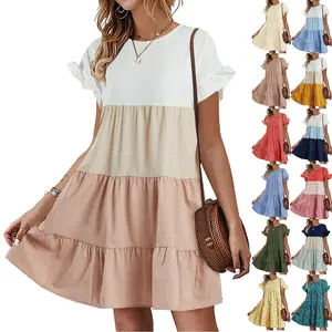 PASLTER Womens Ruffles Boho Floral Printed Babydoll Loose Swing Casual Short Mini T-Shirt Dress