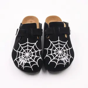 Gothic Men's Boston-Style Clogs with Spider & Web Embroidery, Comfort Cork Footbed, Adjustable Buckle Casual Slip-On Shoes
