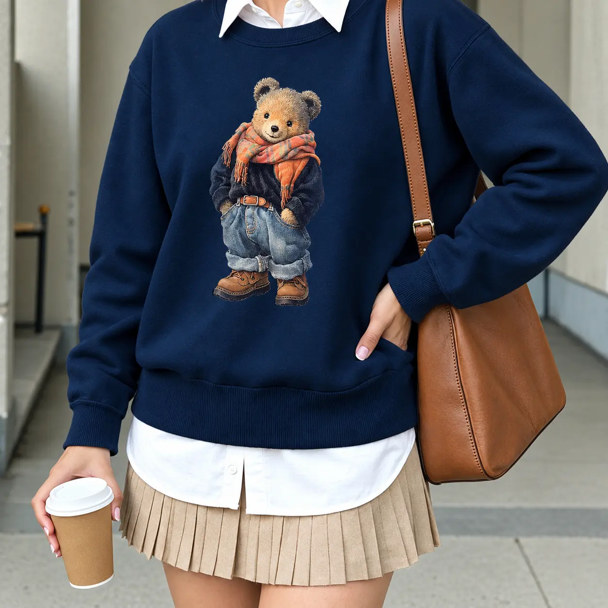 Teddy Bear with Scarf Sweater, Cozy Bear Cotton Sweatshirt, Cute Winter Aesthetic Long Sleeve Crewneck Pullover, Vintage Oversized Graphic Jumper, Warm Fall Outerwear Top, Aesthetic Cottagecore Christmas Clothes Gift for Women