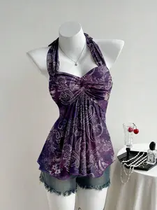 MCKAURA Women's Casual Retro Twist Knot Ruched Backless Halter Top Off The Shoulder Top