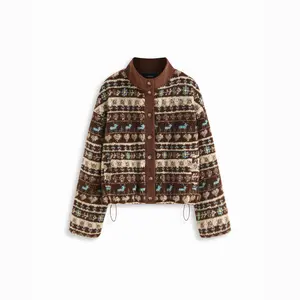 Cider Fleece Aztec Print Stand Collar Long Sleeve Drawstring Button Jacket