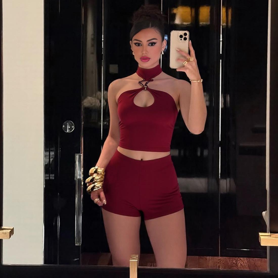 2026 Summer New Style Sexy Hollow Out Halter Neck Tank Top Slim Fit Shorts Two-Piece Women's Outfit in Milk Silk Fabric - Casual