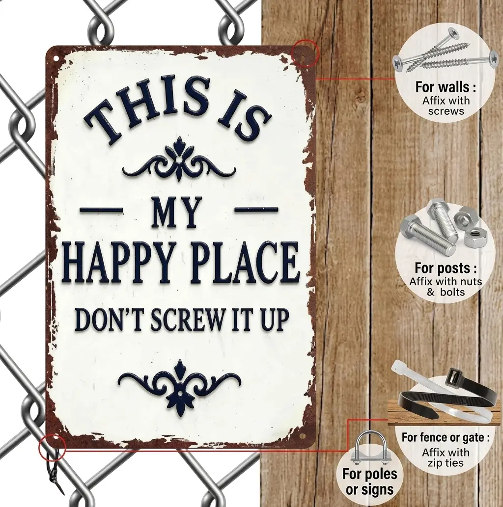 NatureVibe 8x12-Inch Rustic Iron Metal Wall Plaque - Character-Based "This Is My Happy Place" Farmhouse Summer Home Décor, Cafe-Style Sign for Bedrooms/Kitchen