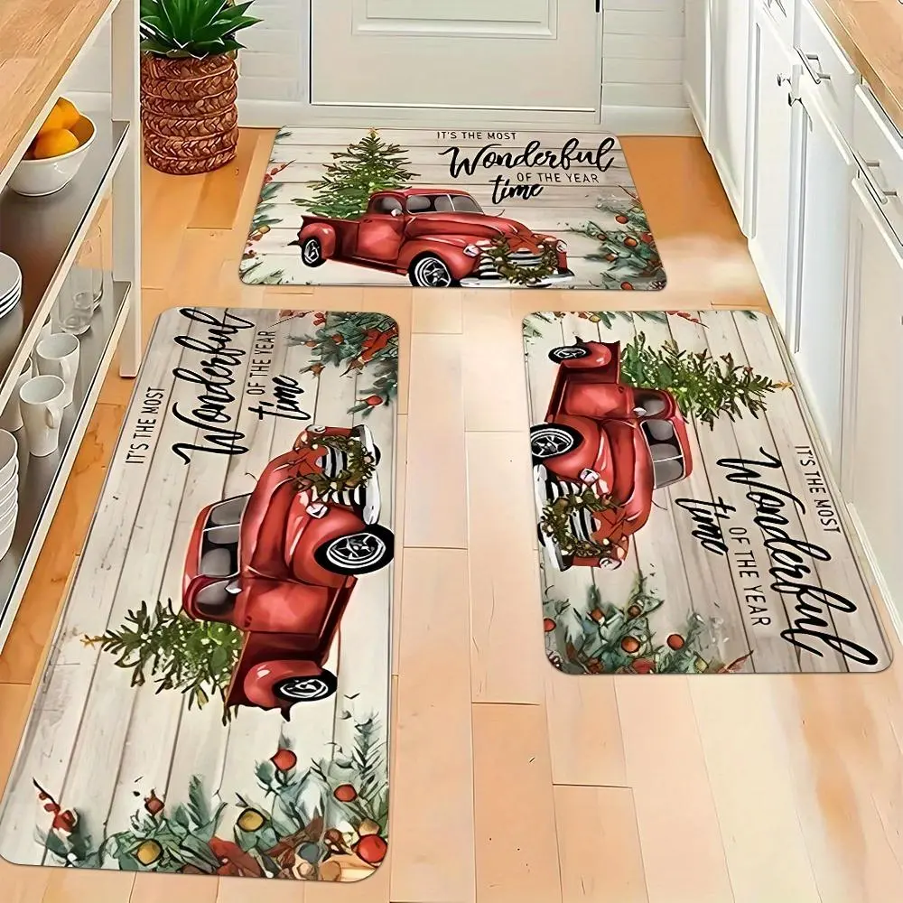 2/3pcs Polyester Christmas Kitchen Rug Collection - Festive Christmas And Mat, Ideal for Kitchens, Hallways, And Bathrooms - Cozy, Machine Washable Holiday-Themed Rug, Perfect for Party Decor