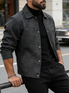 Men's Casual Lapel Jacket, 100% Polyester Fiber, Button Front with Snap Closure, Versatile Light Business Vintage Coat