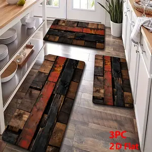 2/3pcs Soft Flannel Kitchen Mat Set, Vintage Block Design, Non-Slip Bottom, Absorbent, Industrial Style, Kitchen Rugs Sets
