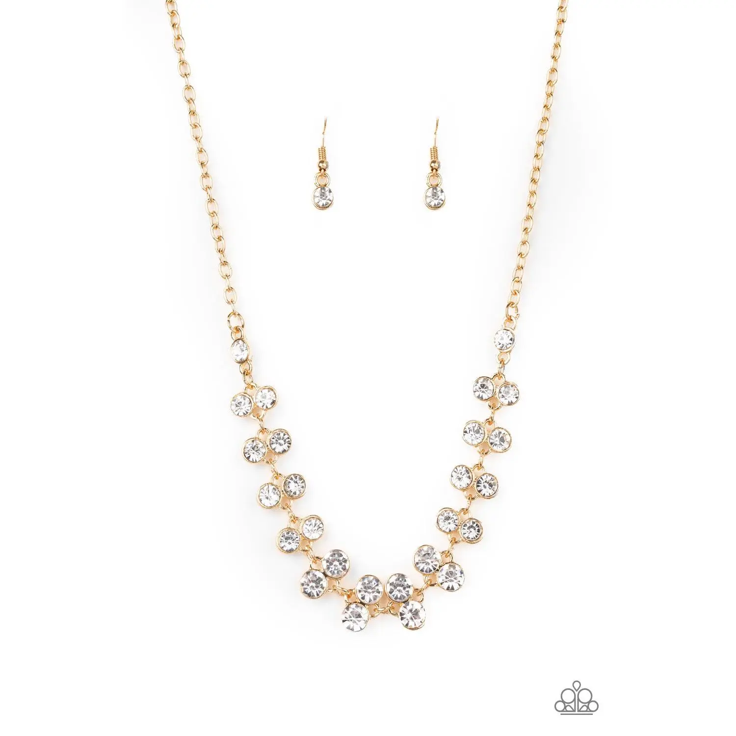 Gold Plated Rhinestone Costume Jewelry Set - 1 Pair Matching Earrings & Casual Necklace, Super Starstruck Style, Business/Daily Wear Accessory, Adjustable Clasp, Unisex, Glittering Stones, E082