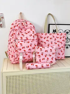 4pc  women's backpack solid color backpack cherry print fashionable and versatile casual trend suitable for students to go to school, campus, travel, shopping, multi-purpose women's backpack Stylish Casual Daypack