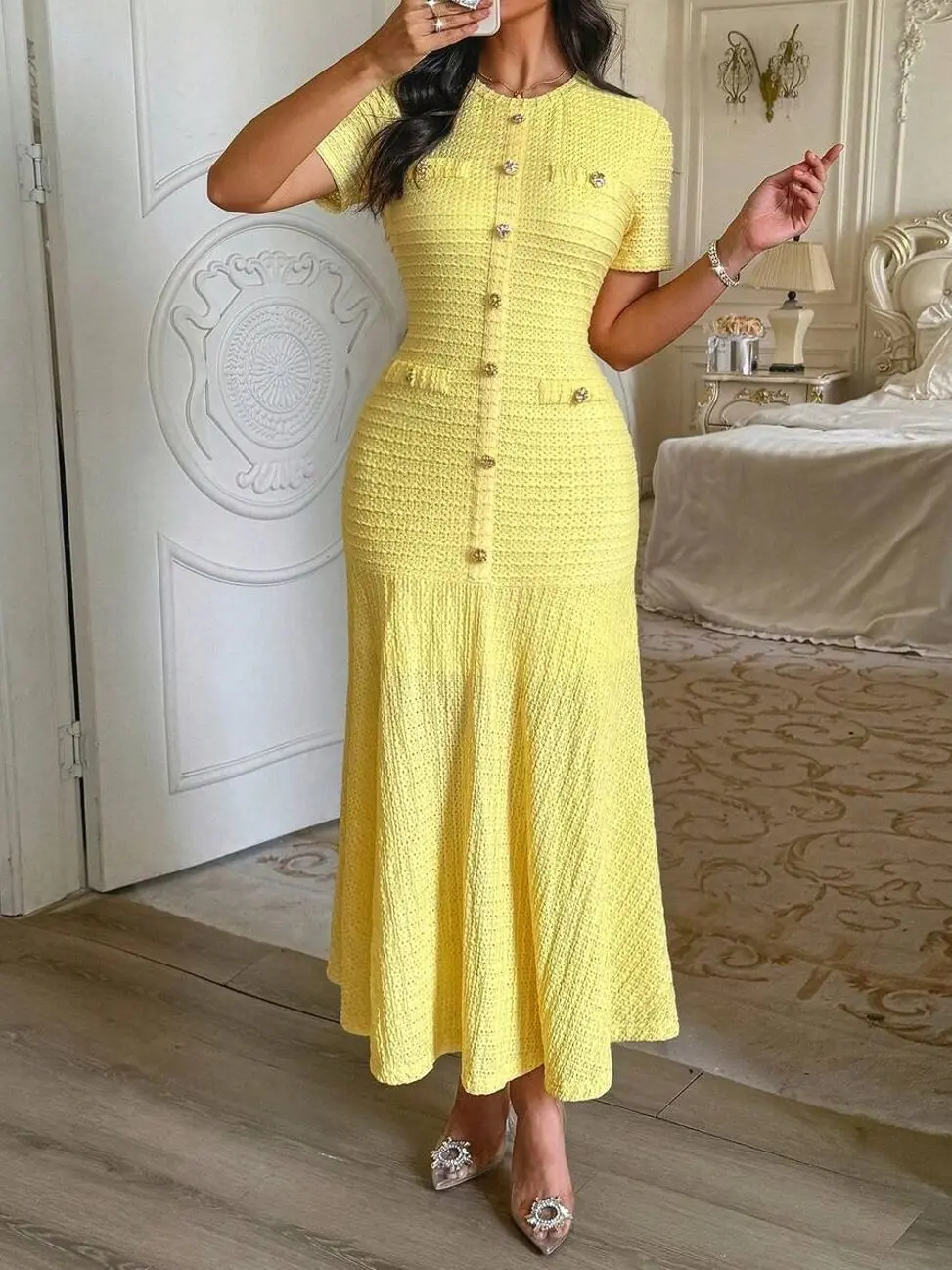 Women's Autumn Yellow Tweed Mermaid Midi Dress, Short Sleeve Button-Up Fitted Dress Summer