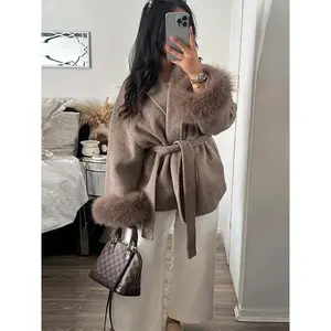 2025 Chic Lapel Plush Coat With Belt Women Vintage Solid Faux Fur Sleeve Tweed Open Coats Female Autumn Casual Street Outwear