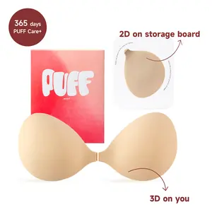 PUFF BODY Strapless Bra – No.1 Push-up Sticky Bra, Waterproof & Sweat-proof Invisible Bra, Reusable Silicone Adhesive Bra for Women, Includes Storage Board & Replaceable Pads