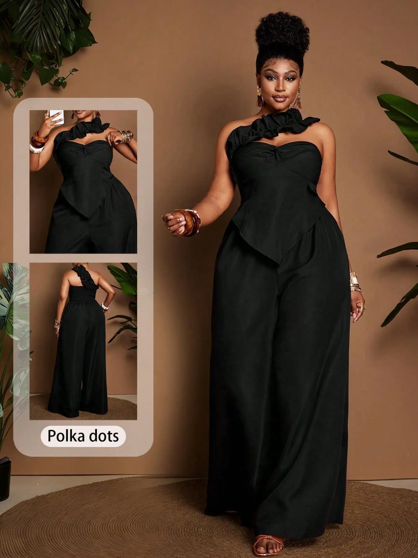 Plus Size Women's One-Shoulder Ruffle Crop Jumpsuit, High-Waisted Wide Leg Pants, Flowy Fabric, Fit, Perfect for Parties and Casual Wear
