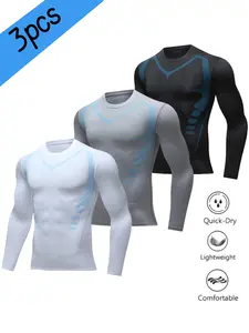 Men's 3-piece Sports Top Set Crew Neck Long-sleeved T-shirt Thin Breathable Sweat-wicking Summer Style High-elasticity Slim Fit for Fitness Running Cycling Hiking - Casual, Menswear Athletic Quick-Dry sleeve men