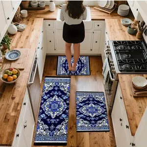1/ 2/ 3pcs Flower Pattern, Curly Grass Pattern, Border Pattern, Dark Blue Background, Chinese Traditional Blue Calico Style Flannel Soft Kitchen Rugs Non Slip Washable, Throw Rug, Non-Skid Runner Rug, Floor Mat, Doormat, Living Room Laundry Bathroom