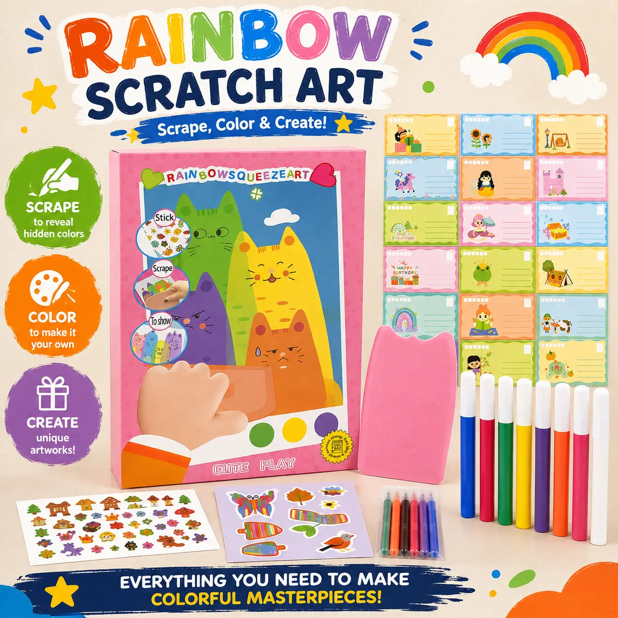 BLUE POTATO Rainbow Squeeze Art Supplies Kit - 2026 Upgraded Magic Scratch Paper Handcraft Art Kit, Colorful Painting Set with 1 Squeegee Board, 1 Sticker Sheet, DIY Postcards, Kids' Unisex Birthday Gifts, Art Crafting Kit
