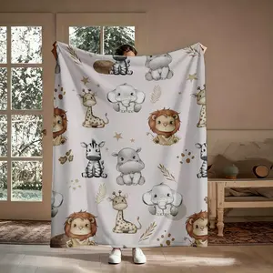 Cute Safari Baby Animals Pattern Blanket, 1 Count Soft Warm Flannel Throw Blanket, Cozy Nap Blanket for Home Office Travel