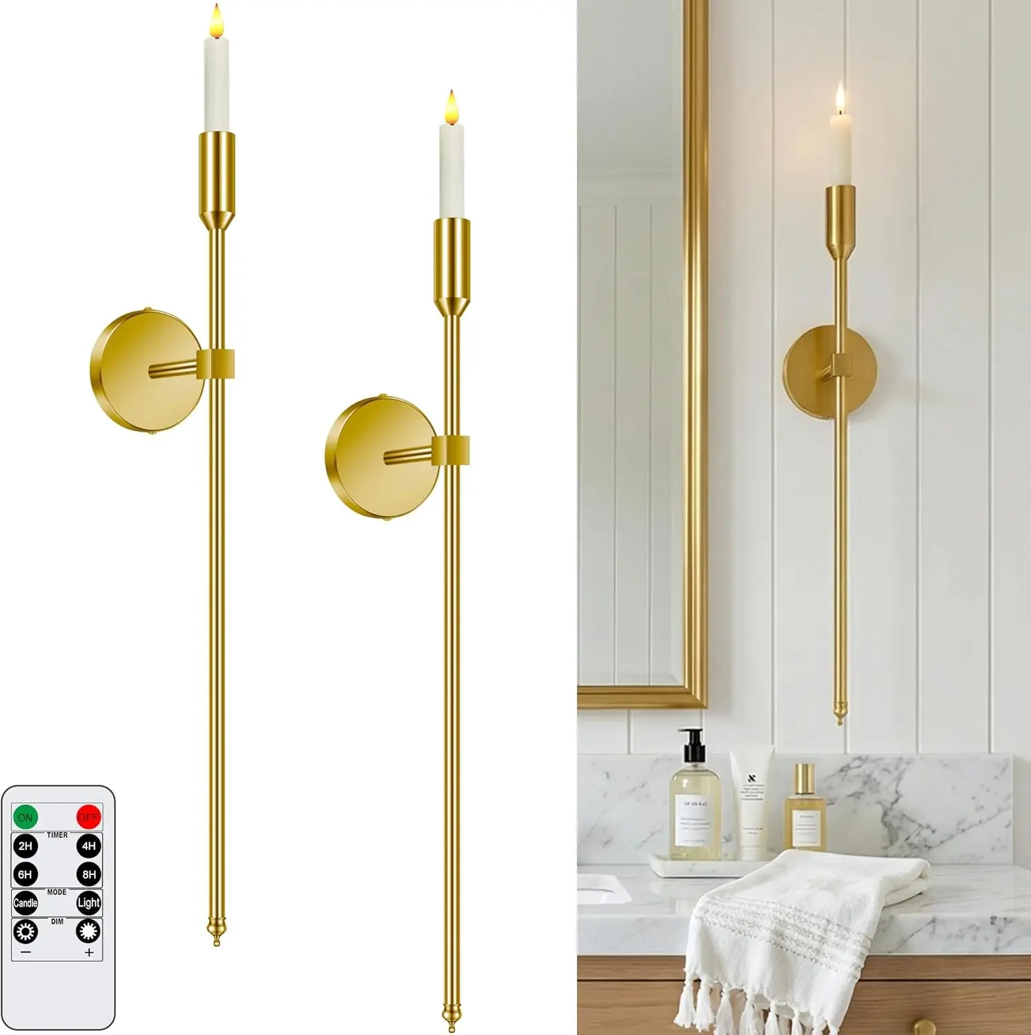 27-inch Large Wall Candle Sconces with Remote Controlled Flameless LED Taper Candles Set of 2 Wall Mounted Candle Holder Modern Chic Home Decor for Living Room Entry Porch Hallway Brass