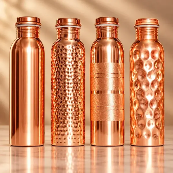 4-Pack Pure Copper Water Bottles (1000 ml) - Engraved Finishes, BPA-Free, Leakproof, Silicone Lid, Portable, Reusable Kitchenware Drinkware
