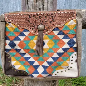 Multicolor Printed Canvas & Leather Tooled Tote Bag with Buckstitch