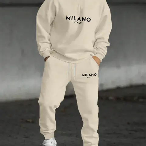 Men's Letter Print Half Zip Up Hooded Sweatshirt & Drawstring Waist Sweatpants Two-piece Set, Casual Drop Shoulder Long Sleeve Hoodie & Pocket Jogger Pants, Casual Sportswear Set, Casual Activewear Set