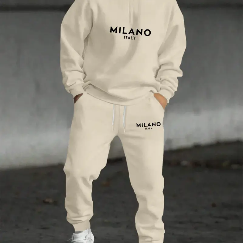 Men's Letter Print Half Zip Up Hooded Sweatshirt & Drawstring Waist Sweatpants Two-piece Set, Casual Drop Shoulder Long Sleeve Hoodie & Pocket Jogger Pants, Casual Sportswear Set, Casual Activewear Set