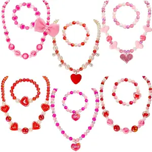 F-NKL02  Kids Jewelry, 6 Sets Toddler Beaded Necklaces and Bracelets Jewelry for Girls, Favors Princess Necklace for Little Girls (Heart)