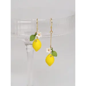 2 Pcs Original Cute Resin Lemon And Flower Drop Earrings For Women Daily Wear Valentines,Mom,Mother,Mother's Day,Gift
